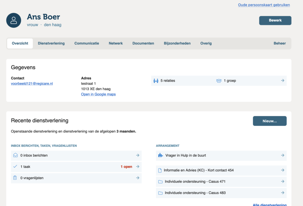 De vernieuwde CRM persoonskaart met de knop 'Nieuw' om snel dienstverlening te starten