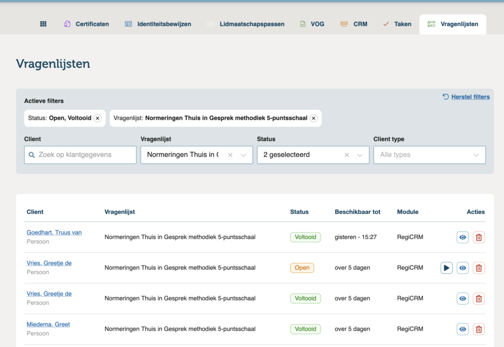 Overzicht van ingevulde vragenlijsten in CRM
