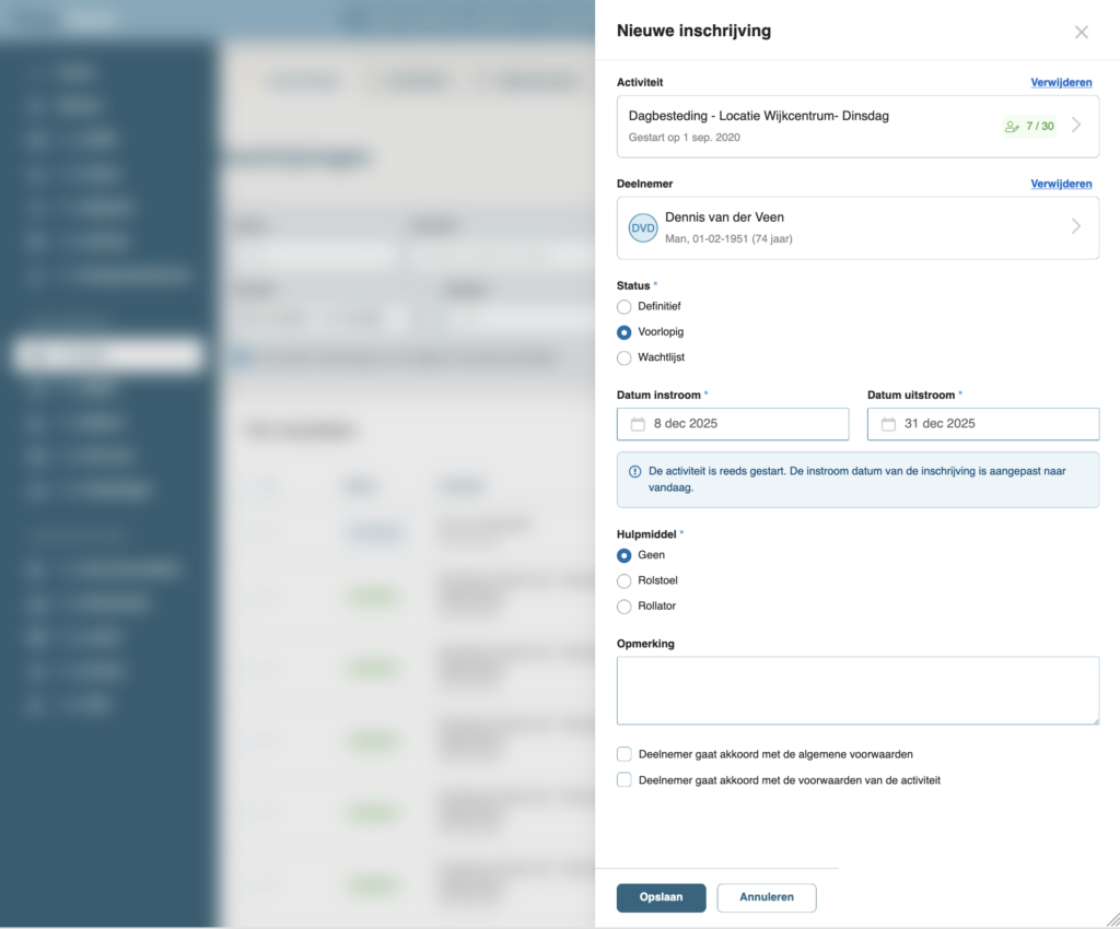 nieuwe formulier om een inschrijving toe te voegen