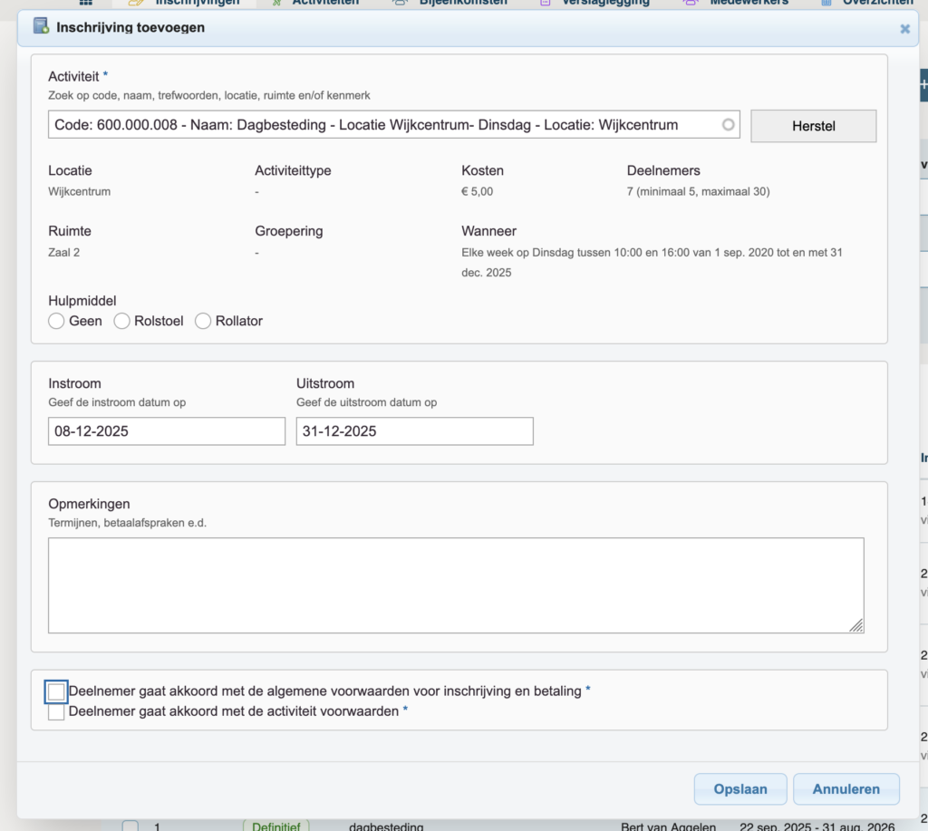 oude formulier om een inschrijving toe te voegen