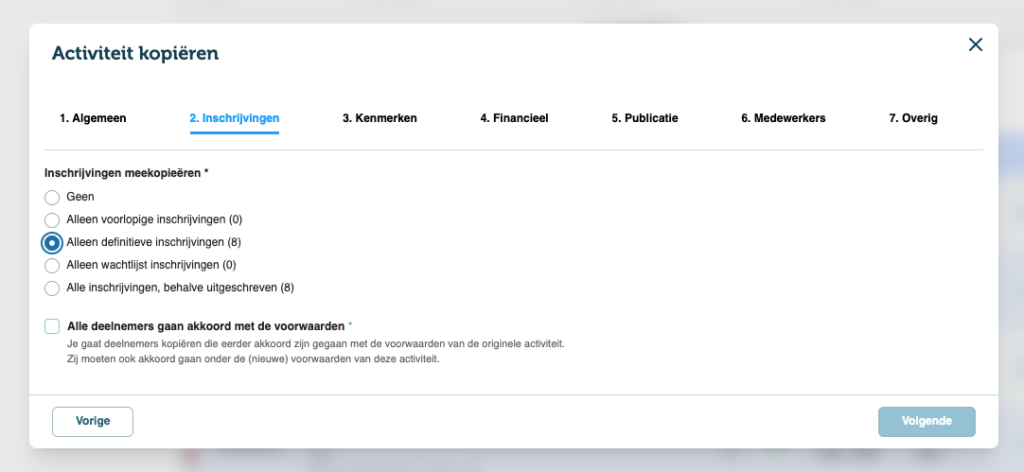 kiezen welke inschrijvingen je meekopiëert