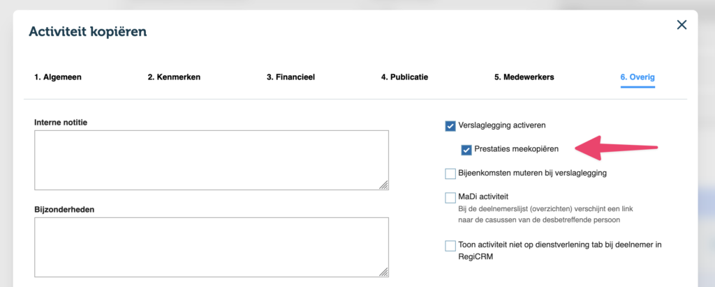 Overig tabblad bij het activiteit kopiëren scherm