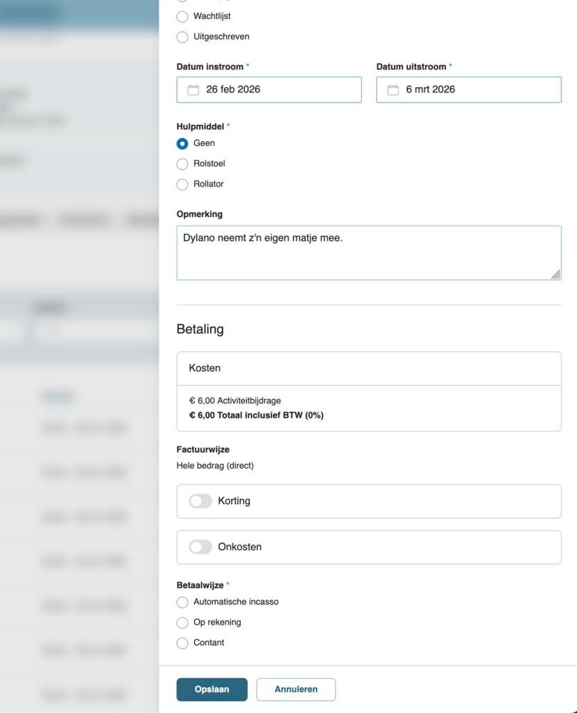 Formulier om inschrijvingen te bewerken