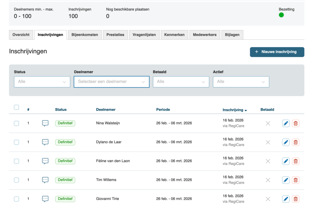 Nieuw inschrijvingen tabblad