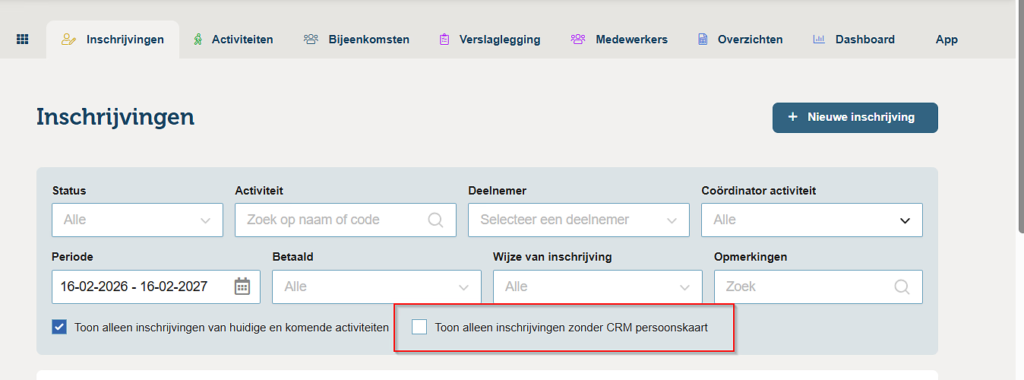 Filteren op inschrijvingen zonder CRM persoonskaart