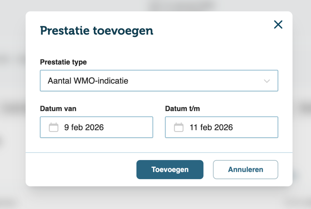 Start- en einddatum veld bij het toevoegen van een prestatie