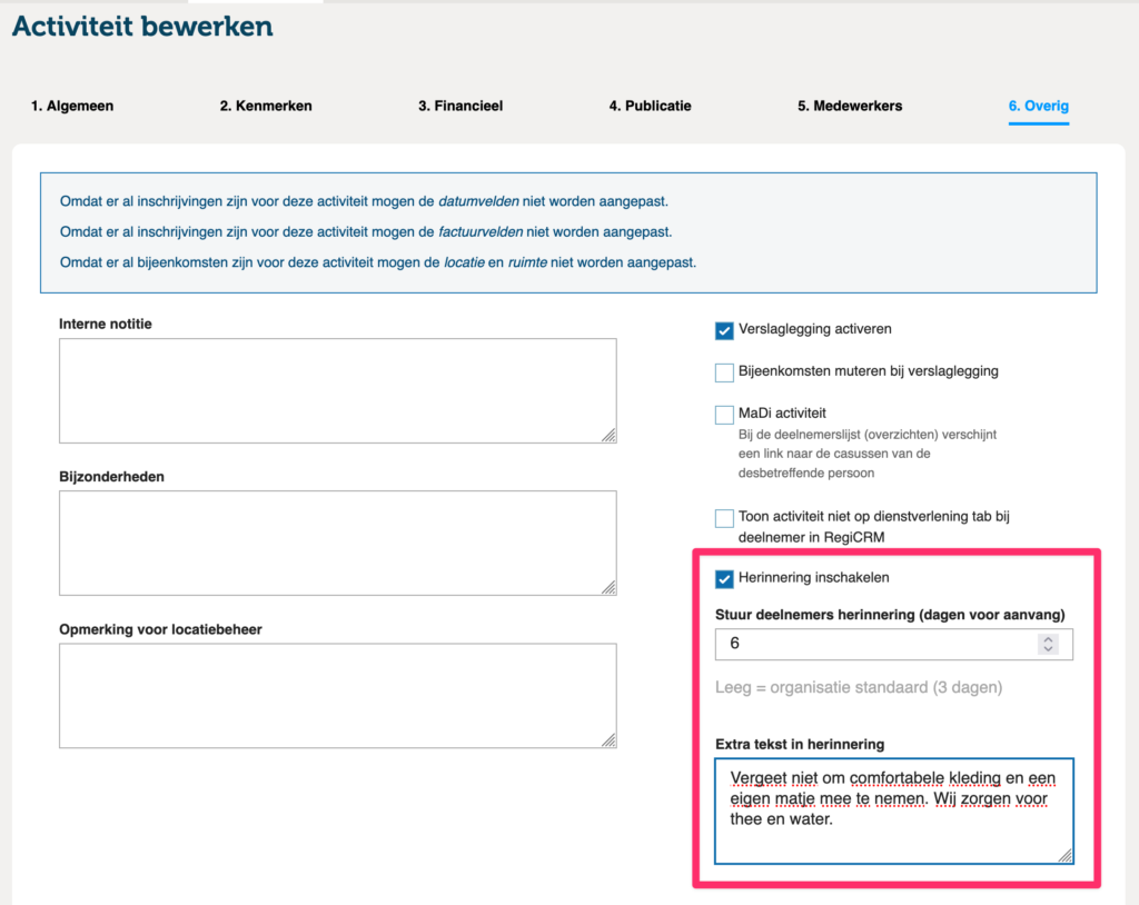 Herinnering instellingen bij de activiteit